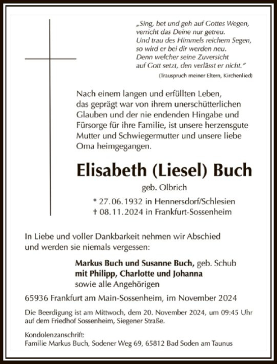 Traueranzeige von Elisabeth Buch von FNP