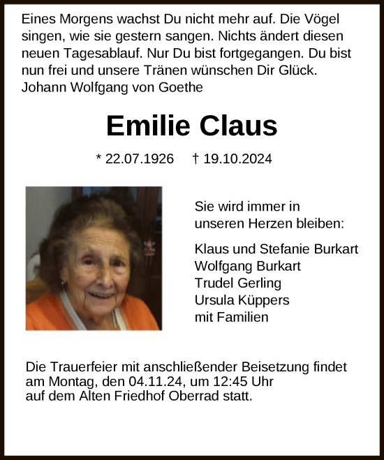 Traueranzeige von Emilie Claus von FNP