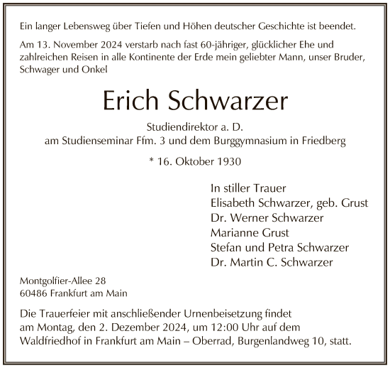 Traueranzeige von Erich Schwarzer von FNP