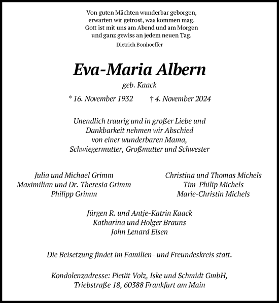 Traueranzeige von Eva-Maria Albern von FNP