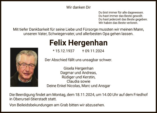 Traueranzeige von Felix Hergenhan von FNP