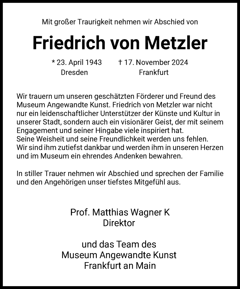  Traueranzeige für Friedrich von Metzler vom 27.11.2024 aus FNP