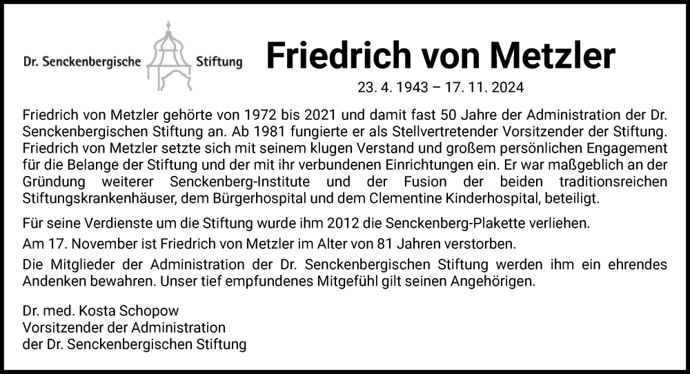  Traueranzeige für Friedrich von Metzler vom 20.11.2024 aus FNP