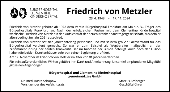 Traueranzeige von Friedrich von Metzler von FNP