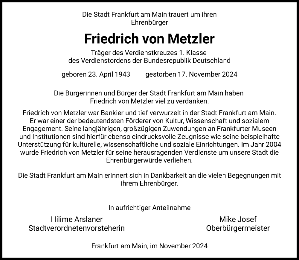  Traueranzeige für Friedrich von Metzler vom 23.11.2024 aus FNP