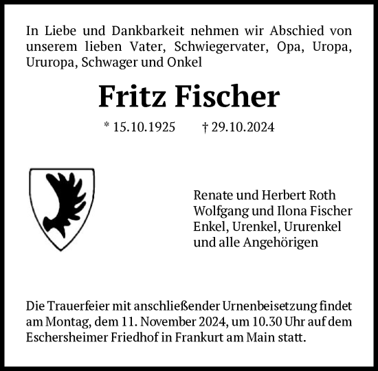 Traueranzeige von Fritz Fischer von FNP