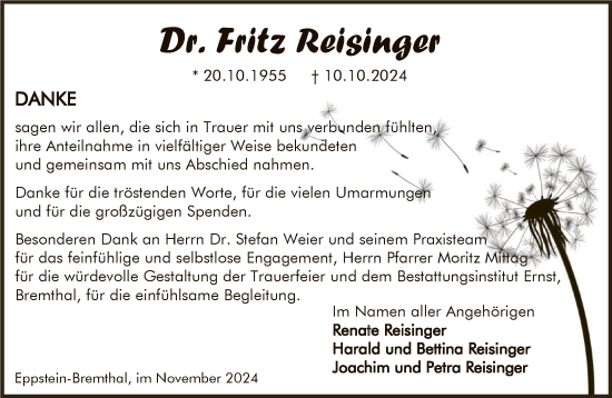 Traueranzeige von Fritz Reisinger von FNP