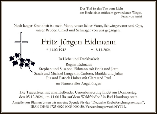 Traueranzeige von Fritz Jürgen Eidmann von FNP