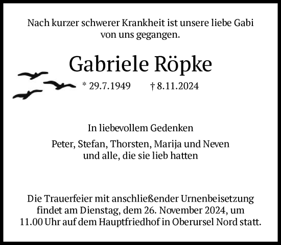 Traueranzeige von Gabriele Röpke von FNP