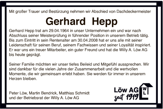 Traueranzeige von Gerhard Hepp von FNP