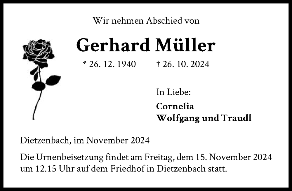  Traueranzeige für Gerhard Müller vom 09.11.2024 aus FNP