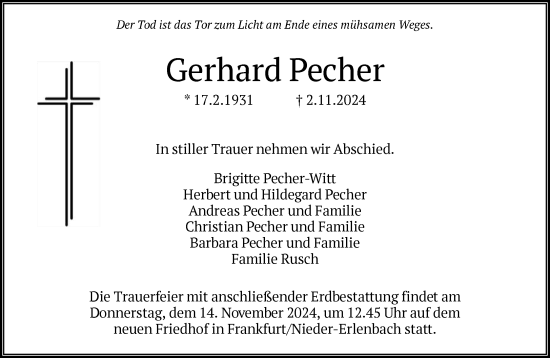 Traueranzeige von Gerhard Pecher von FNP