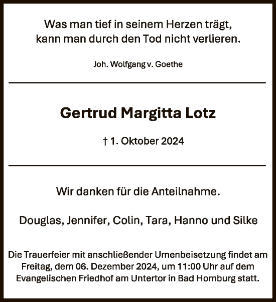 Traueranzeige von Gertrud Margitta Lotz von FNP