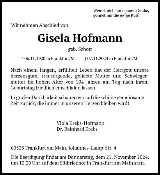 Traueranzeige von Gisela Hofmann von FNP