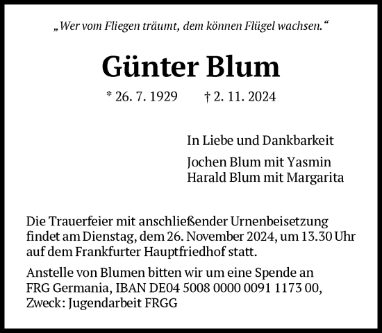 Traueranzeige von Günter Blum von FNP