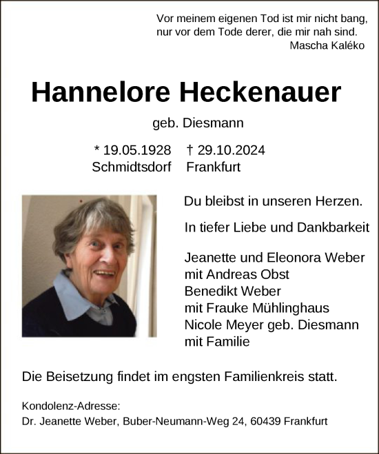 Traueranzeige von Hannelore Heckenauer von FNP