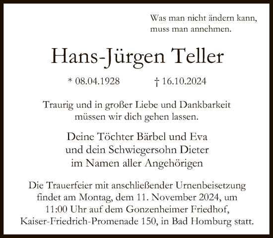 Traueranzeige von Hans-Jürgen Teller von FNP