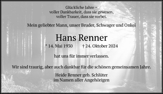 Traueranzeige von Hans Renner von FNP