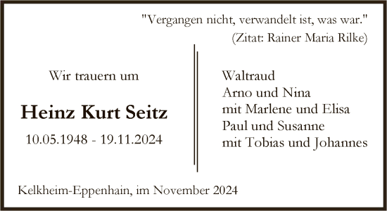 Traueranzeige von Heinz Kurt Seitz von FNP