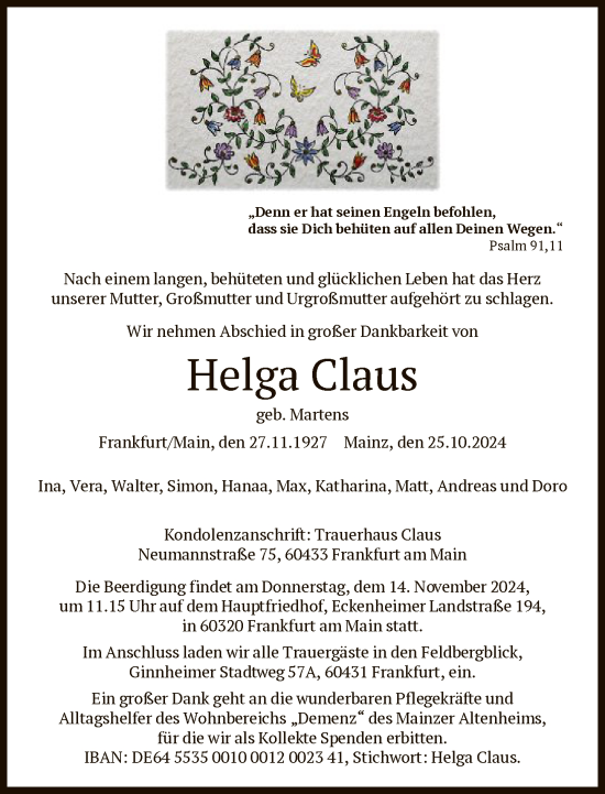 Traueranzeige von Helga Claus von FNP