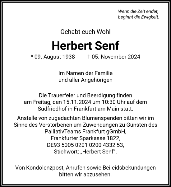 Traueranzeige von Herbert Senf von FNP