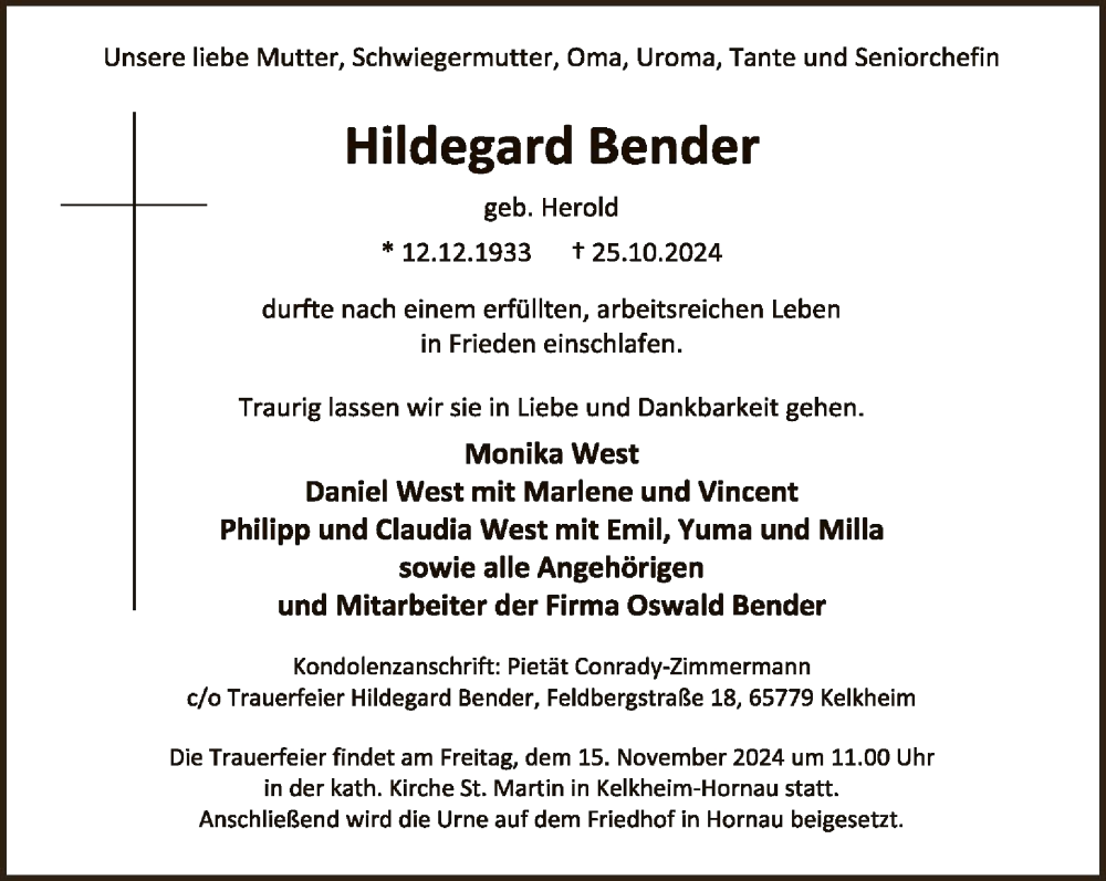  Traueranzeige für Hildegard Bender vom 09.11.2024 aus FNP