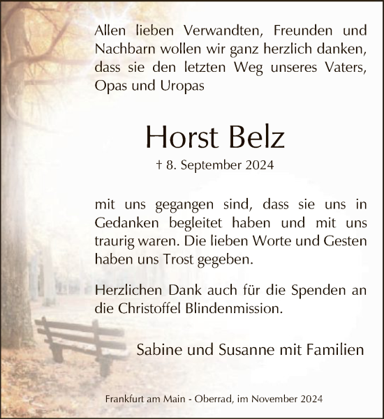 Traueranzeige von Horst Belz von FNP