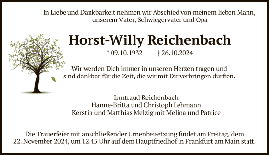 Traueranzeige von Horst-Willy Reichenbach von FNP