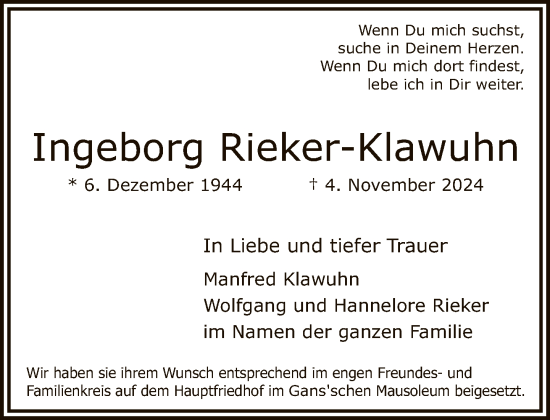 Traueranzeige von Ingeborg Rieker-Klawuhn von FNP