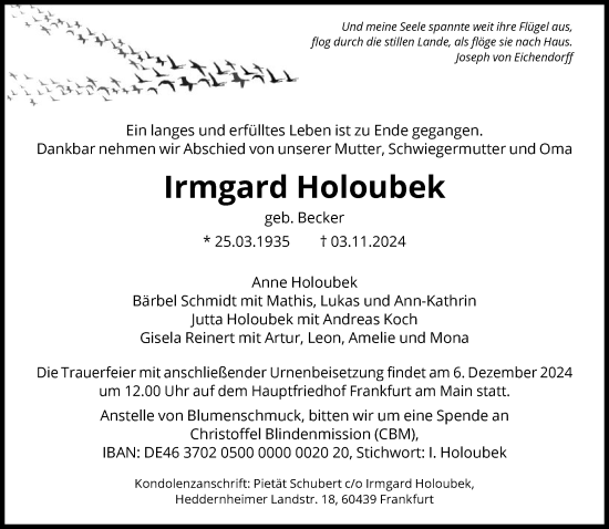 Traueranzeige von Irmgard Holoubek von FNP