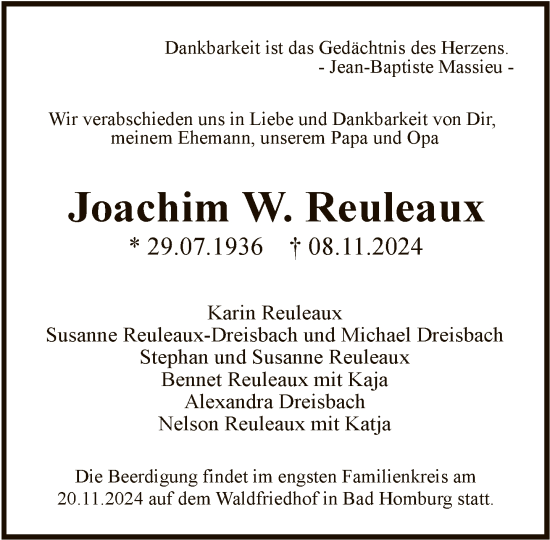 Traueranzeige von Joachim W. Reuleaux von FNP