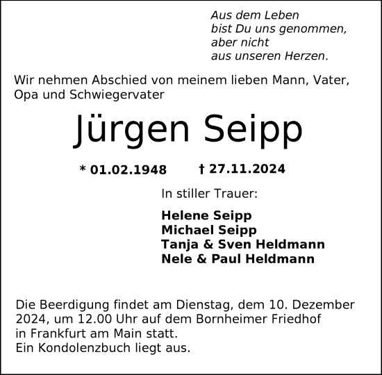 Traueranzeige von Jürgen Seipp von FNP