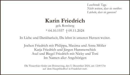 Traueranzeige von Karin Friedrich von FNP