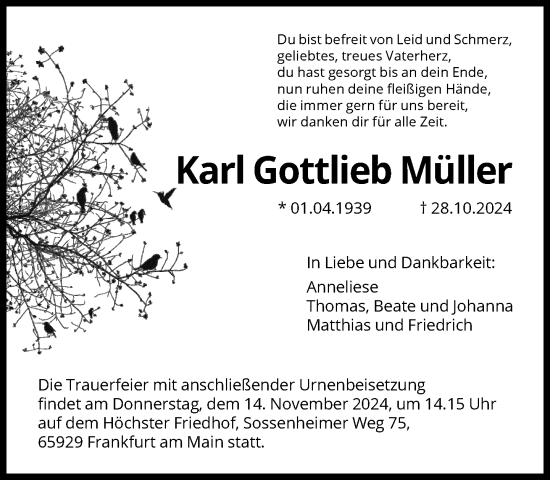 Traueranzeige von Karl Gottlieb Müller von FNP