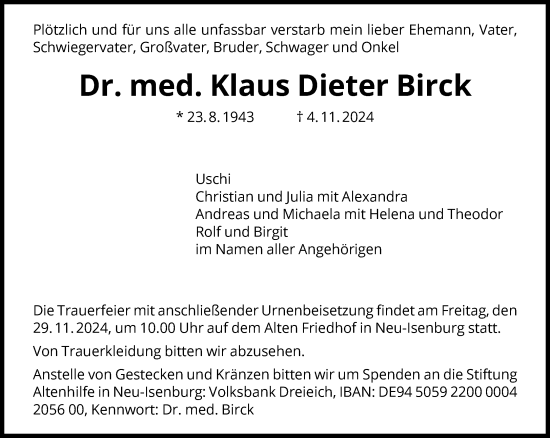 Traueranzeige von Klaus  Birck von FNP