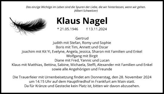Traueranzeige von Klaus Nagel von FNP
