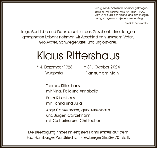 Traueranzeige von Klaus Rittershaus von FNP