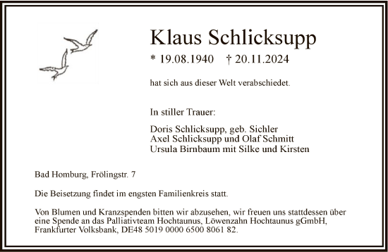 Traueranzeige von Klaus Schlicksupp von FNP