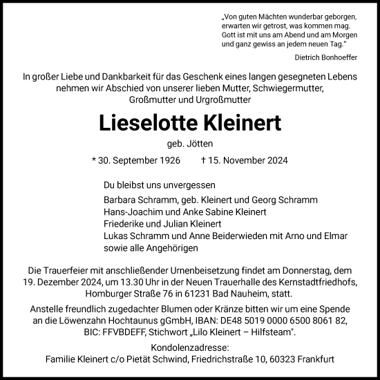 Traueranzeige von Lieselotte Kleinert von FNP