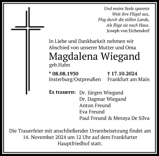 Traueranzeige von Magdalena Wiegand von FNP