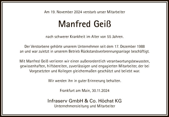 Traueranzeige von Manfred Geiß von FNP