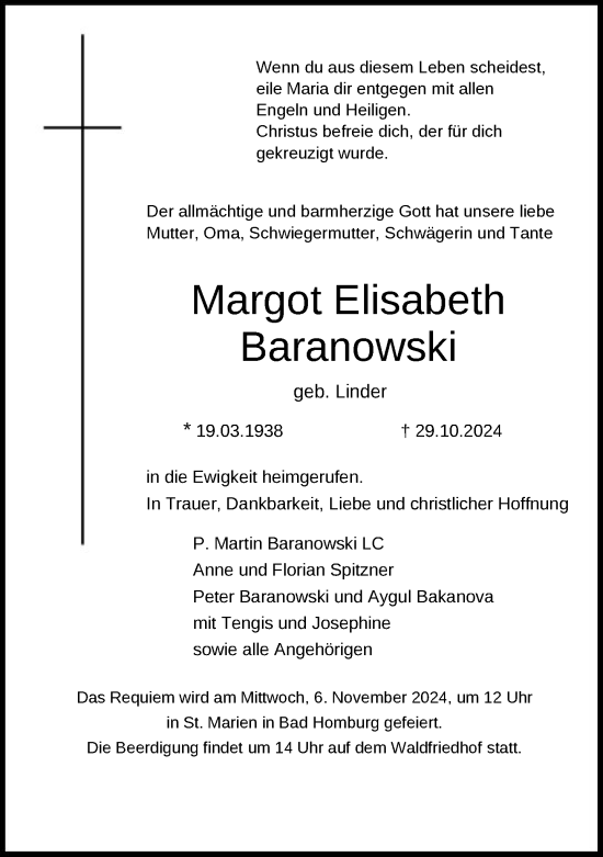 Traueranzeige von Margot Elisabeth Baranowski von FNP