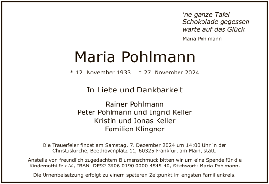 Traueranzeige von Maria Pohlmann von FNP