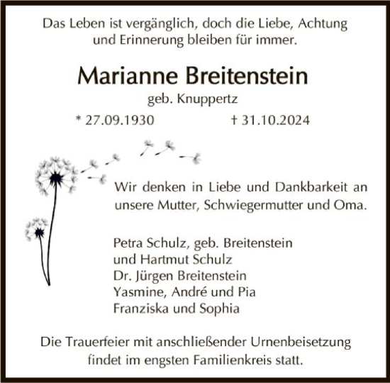 Traueranzeige von Marianne Breitenstein von FNP