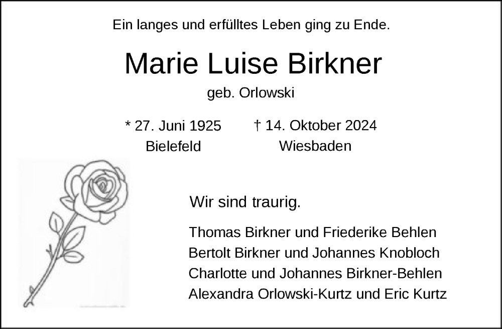  Traueranzeige für Marie Luise Birkner vom 09.11.2024 aus FNP