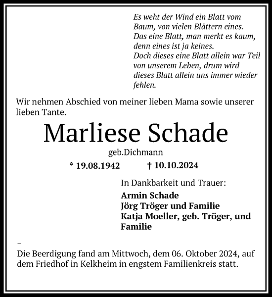 Traueranzeige von Marliese Schade von FNP