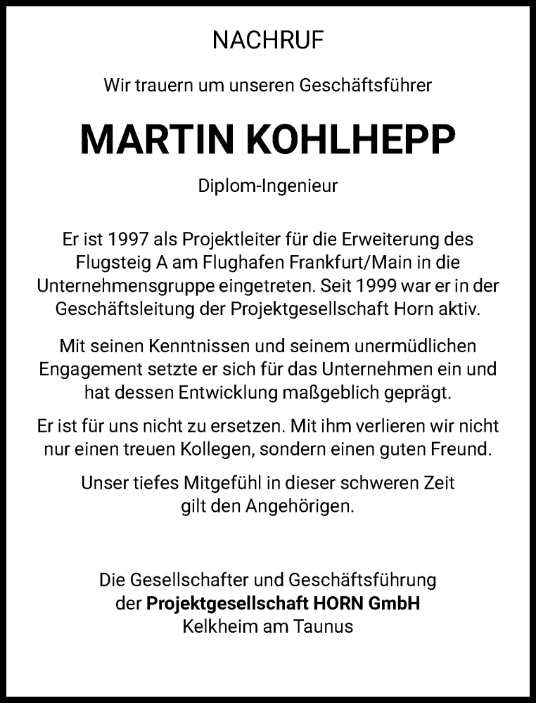  Traueranzeige für Martin Kohlhepp vom 02.11.2024 aus FNP