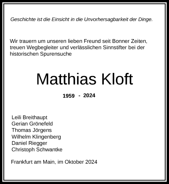 Traueranzeige von Matthias Kloft von FNP