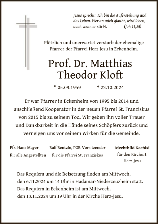 Traueranzeige von Matthias Theodor Kloft von FNP