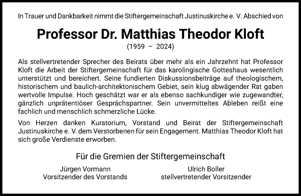  Traueranzeige für Matthias Theodor Kloft vom 02.11.2024 aus FNP
